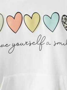 RueChic Tween Girl Heart & Slogan Graphic Kangaroo Pocket Drop Shoulder Hoodie - White - View 3