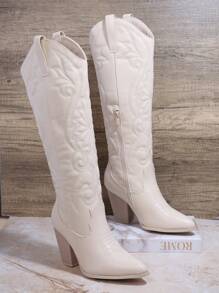 Chi tiết thêu Dây kéo bên Gót thô Giày ống - Màu be - Xem 2