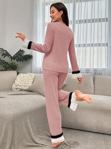 Contrast Lace Flounce Sleeve PJ Set - Pink - View 2