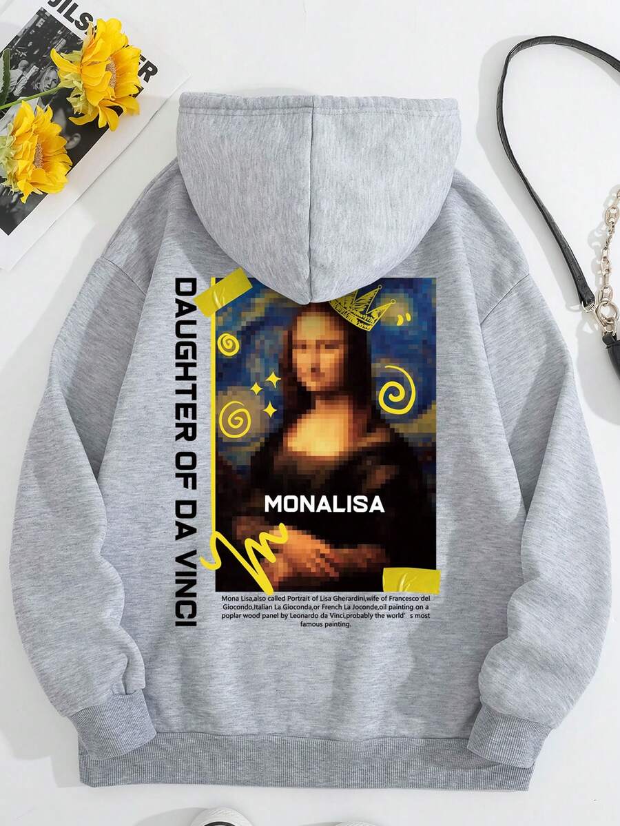 SHEIN EZwear Khẩu hiệu & Hình ảnh Túi kangaroo Dây rút Áo hoodie ấm áp - Màu Xám nhạt - Xem 1