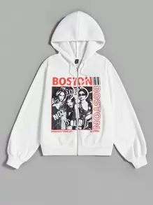 SHEIN EZwear 大码人像及标语图案拉链卫衣 - 白色 - 查看 1