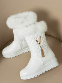 Must-Have Winter Metallic Pendant Thickened Plush Casual Fashion Mid-Calf Height-Increasing Snow Boots With Lining,Fur Boots - White - View 4