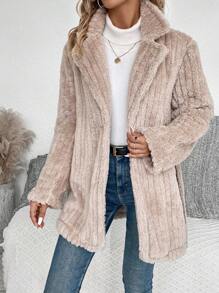SHEIN LUNE Lapel Neck Single Button Belted Teddy Coat Fall Cloth For Women - Apricot - View 5
