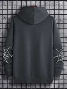 Manfinity LEGND Men Letter & Spider Web Graphic Kangaroo Pocket Drawstring Hoodie - Dark Grey - View 2