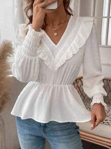 SHEIN VCAY 圓點荷葉邊荷葉邊下擺襯衫 - 白色 - 查看 4