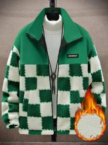 Manfinity EMRG Men's Loose-Fit Checker Printed Zip-Up Jacket With Letter Patchwork
