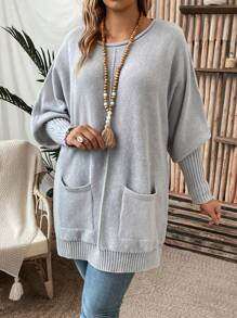 SHEIN LUNE Hơn Túi Kép tay cánh Áo len - Màu Xám nhạt - Xem 5