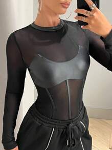 SHEIN ICON Body de malla transparente en contraste - Negro - Ver 3