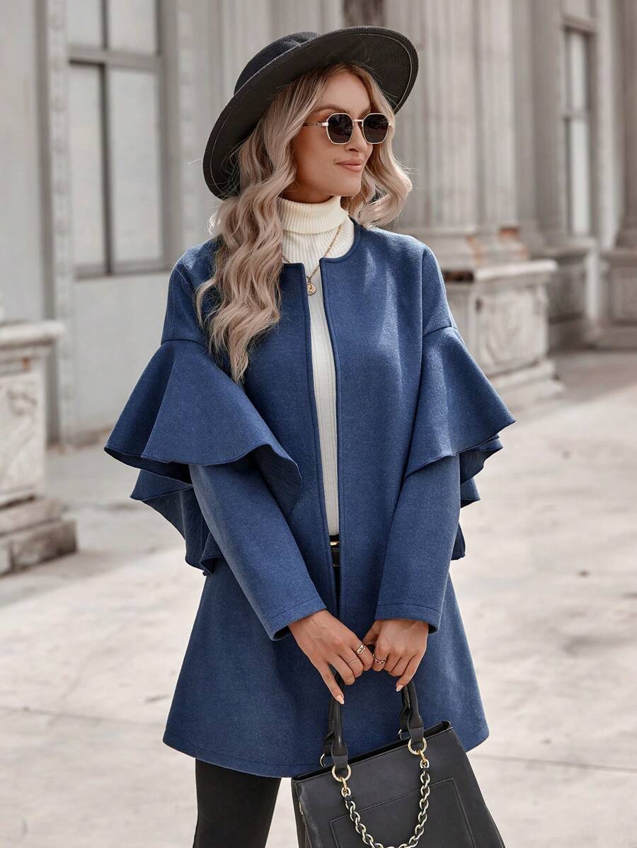 SHEIN Clasi Ruffle Trim Open Front Tweed Overcoat - Navy Blue - View 1
