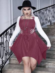 PUNK Plus Lace Up Front Asymmetrical Hem Overall Dress Without Tee - Burgundy - View 4