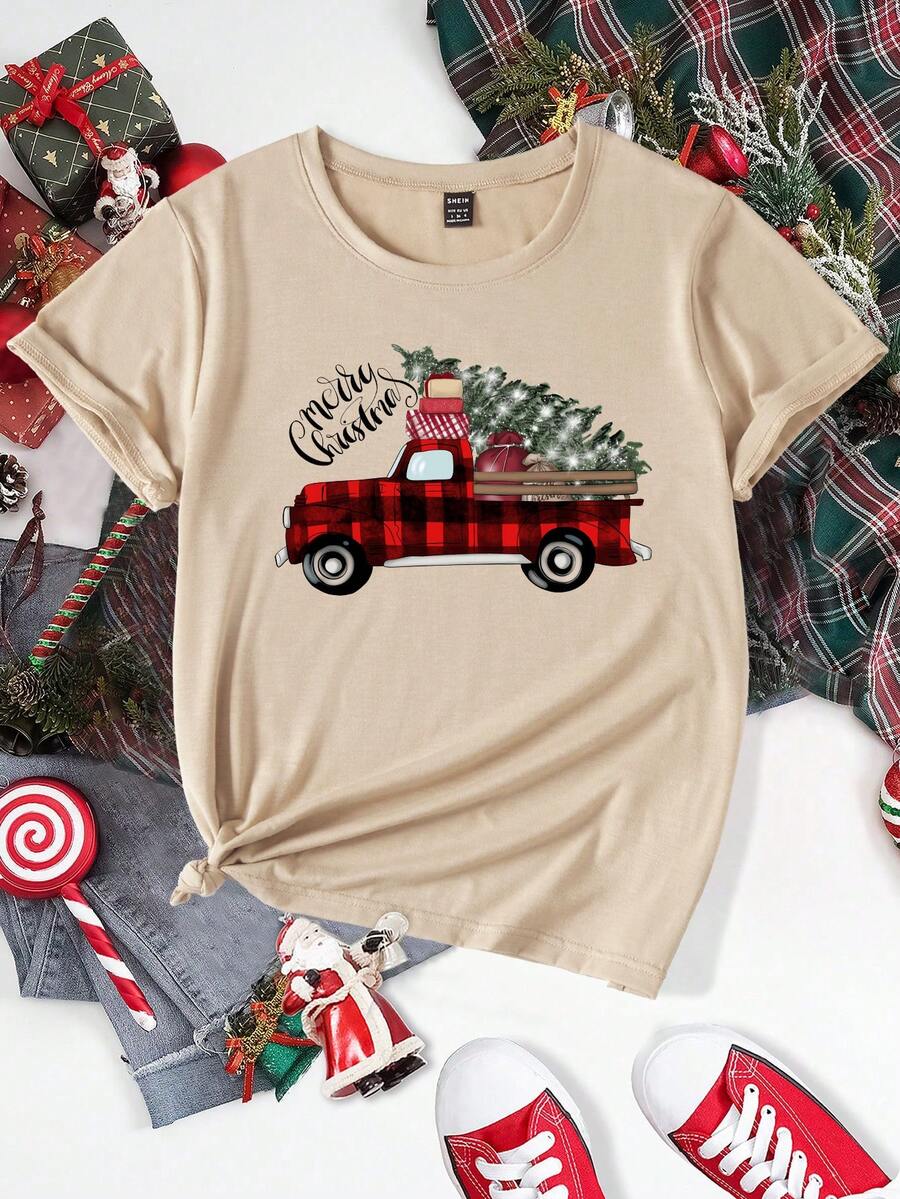 SHEIN Unity In Giáng sinh Áo thun - Màu Khaki - Xem 1