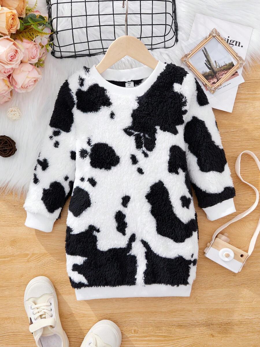 SHEIN 女小童奶牛圖案法蘭絨衛衣洋裝 - 黑與白 - 查看 1