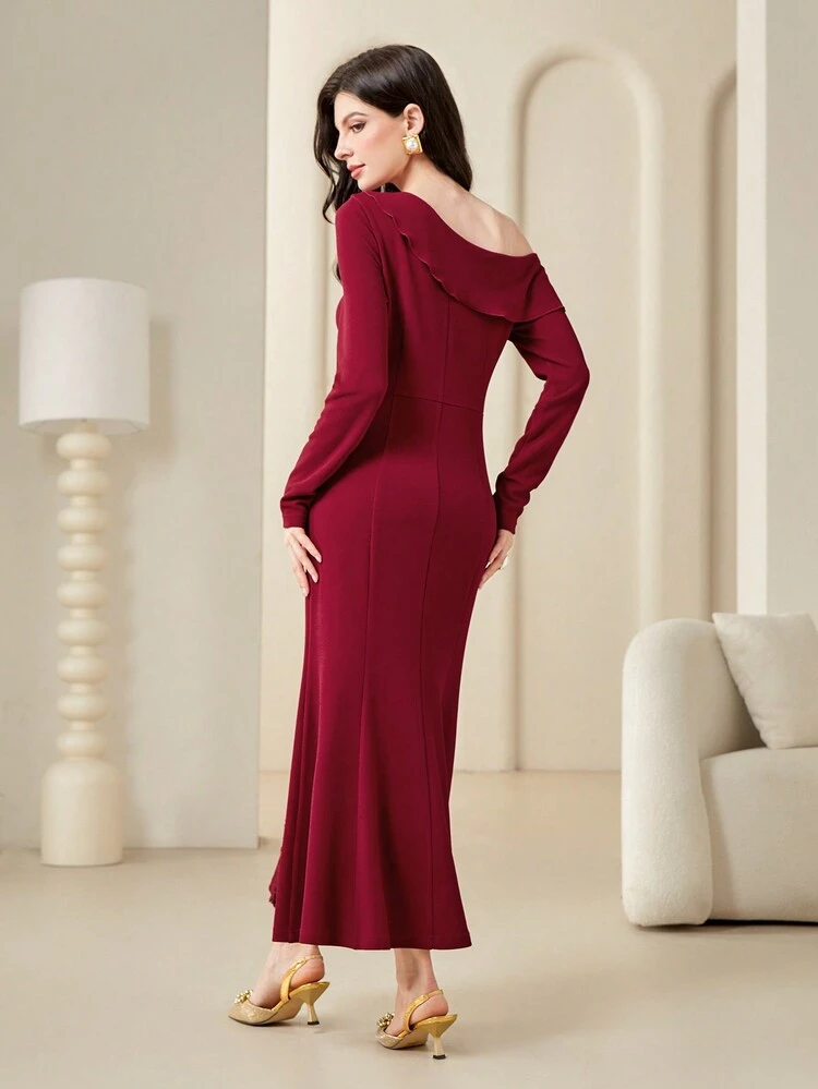 Women's Solid Color Asymmetric Collar Front Buttoned Dress Long Evening Dresses Fall Cloth For Women