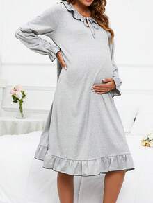 SHEIN Maternity Tie Neck Flounce Sleeve Ruffle Hem Nightdress - Light Grey - View 4