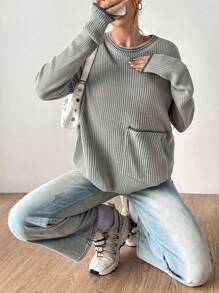 SHEIN EZwear Suéter De Punto Acanalado Con Cuello Redondo Para Mujer Con Diseño De Bolsillo Y Hombros Caídos
