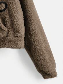 ROMWE Kawaii Cartoon Embroidery 3D Ear Design Teddy Hoodie - Khaki - View 4