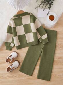 SHEIN Young Girl Checker Pattern Cardigan & Knit Pants - Green - View 2