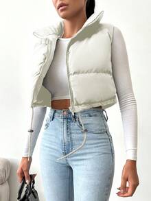 SHEIN Cottnline Drawstring Hem Zipper Vest Puffer Coat - Beige - View 5