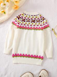 SHEIN Cô Gái Trẻ Mẫu Geo Viền rìa Tay Raglan Đầm Áo len - Màu Hồng baby - Xem 2