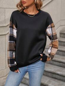 EMERY ROSE Sudadera de cuadros en contraste con estampado de hombros caídos - Negro - Ver 3