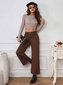 SHEIN Frenchy 高腰闊腿牛仔褲 - 咖啡棕 - 查看 3