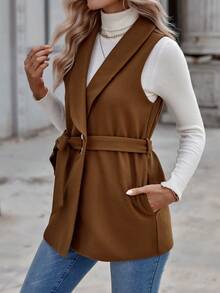 EMERY ROSE Shawl Collar Belted Vest Overcoat - Camel - View 5