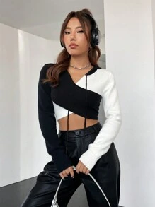 SHEIN EZwear 雙色交叉短款連帽套頭毛衣 - 黑與白 - 查看 4
