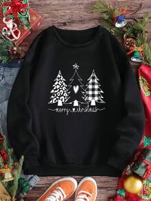 SHEIN EZwear In Giáng sinh Thả vai Áo nỉ - màu đen - Xem 4