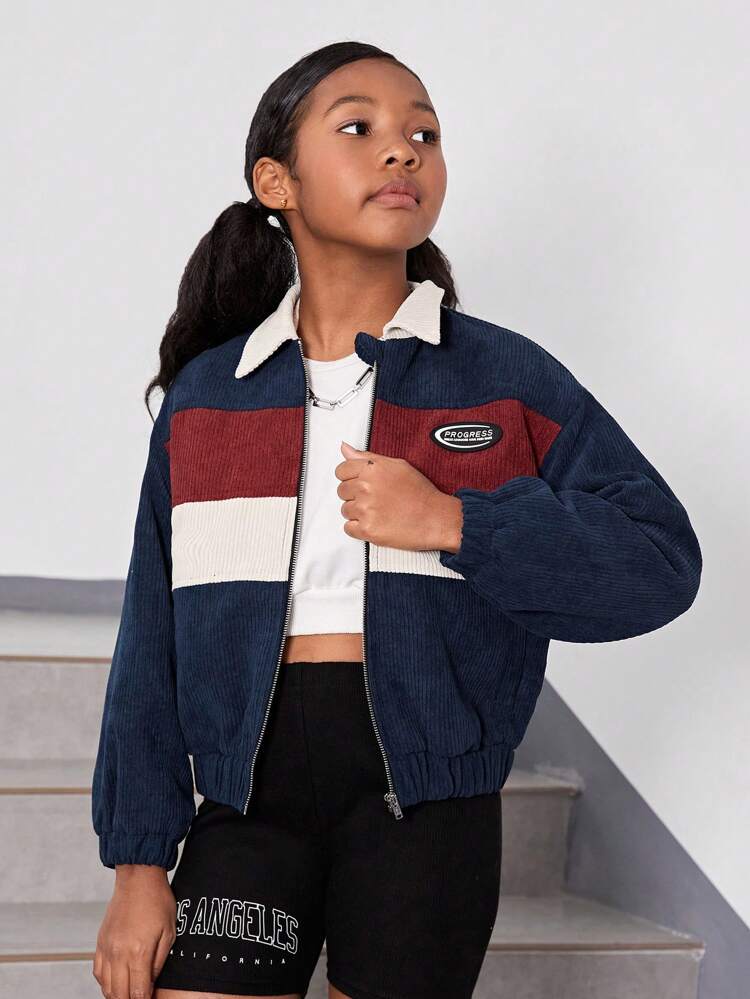 Tween Girls' Casual Color Blocking Woven Jacket For Autumn And Winter
