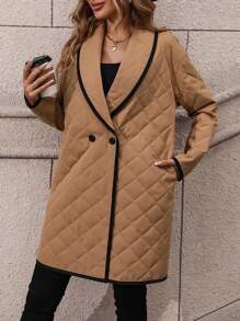 SHEIN LUNE Contrast Binding Shawl Collar Quilted Padded Coat Clothes Winter - Mocha Brown - View 7