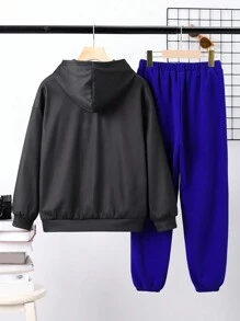 SHEIN 青少年男孩休閒鯊魚印花連帽衫和純色運動褲針織兩件套裝 - 黑色 - 查看 2