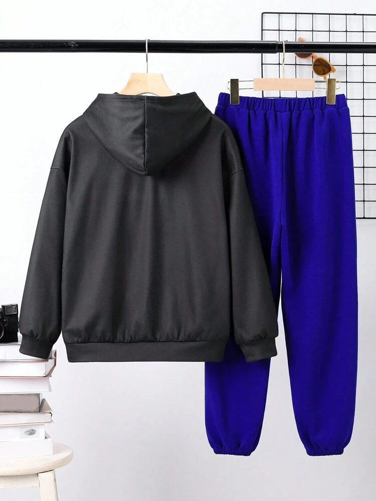 Tween Boys' Casual Shark Printed Hoodie And Solid Color Sweatpants Knitted Two Piece Set