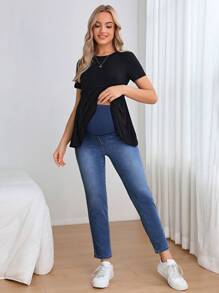 SHEIN Maternity Wideband Waist Bleach Wash Jeans - Dark Wash - View 4