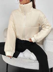 SHEIN Unity Zip Up Crop Padded Coat For Winter - Apricot - View 6