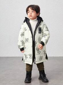 SHEIN 年轻男孩字母贴片细节卡通印花连帽棉服外套