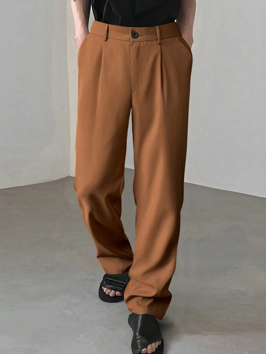 Manfinity Hypemode Nam Chi tiết xếp li Chân thẳng Quần tây - màu nâu - Xem 1