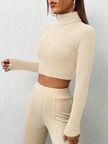 SHEIN EZwear 夏季穿搭 高领罗纹针织短款T恤 - 米色 - 查看 3