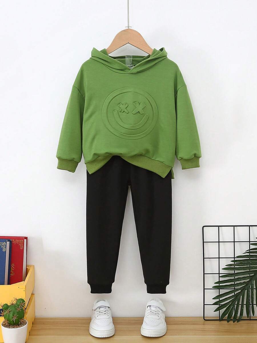 SHEIN Young Boy Cartoon Embossed Drop Shoulder Hoodie & Sweatpants - Green - View 1
