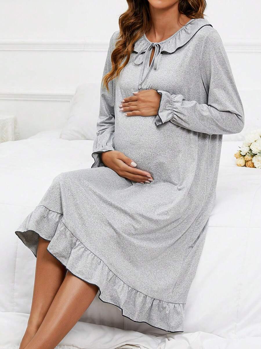 SHEIN Maternity Tie Neck Flounce Sleeve Ruffle Hem Nightdress - Light Grey - View 1