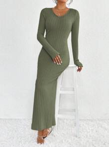 SHEIN Essnce 素色條紋針織後打結緊身洋裝 - 軍綠色 - 查看 3