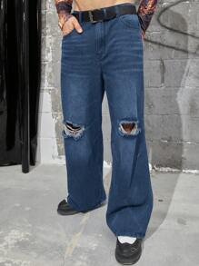 Manfinity Roughcore Loose Men's Ripped Wide Leg Jeans Without Belt - Medium Wash - View 3