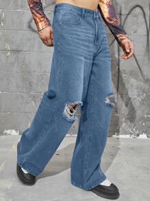 Manfinity LEGND Loose Fit Men's Distressed Wide Leg Denim Jeans Without Belt