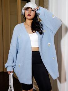 SHEIN EZwear Plus Floral Embroidery Drop Shoulder Duster Cardigan - Blue - View 5