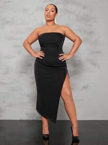 SHEIN BAE Plus Split Thigh Glitter Tube Dress For Summer - Black - View 3