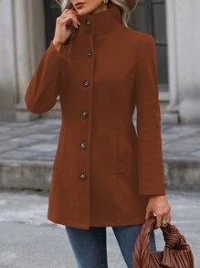 SHEIN Clasi Abrigo unicolor con botón delantero - Marrón - Ver 5