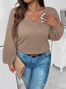 Celure Plus Size Solid Color Lantern Sleeve T-shirt - Khaki - View 4