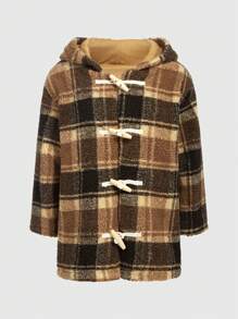 SHEIN Tween Boy Plaid Pattern Hooded Duffle Teddy Coat - Khaki - View 2