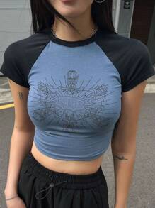 DAZY 印花插肩袖短款T恤 - 藍色 - 查看 1