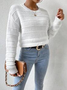 SHEIN Essnce 落肩袖毛茸茸拼塊套頭毛衣 - 白色 - 查看 3