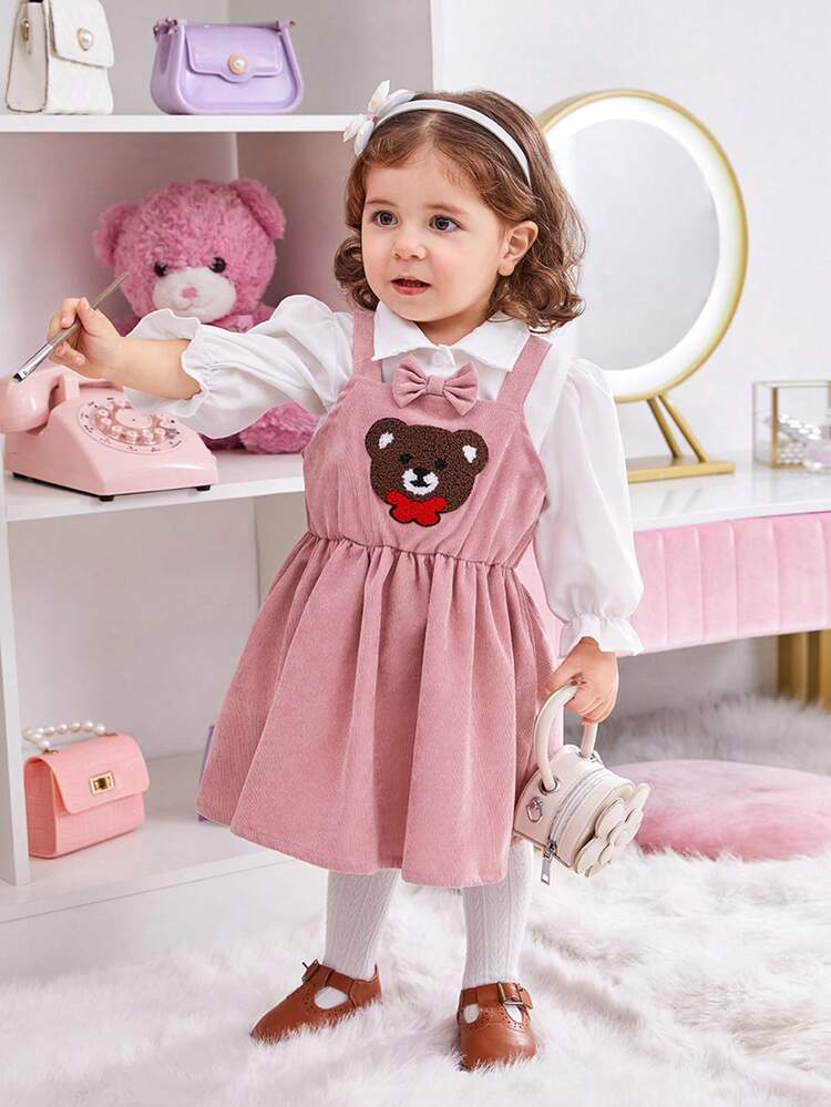 Baby Girl Bear Embroidery Flare Sleeve Blouse & Overall Dress